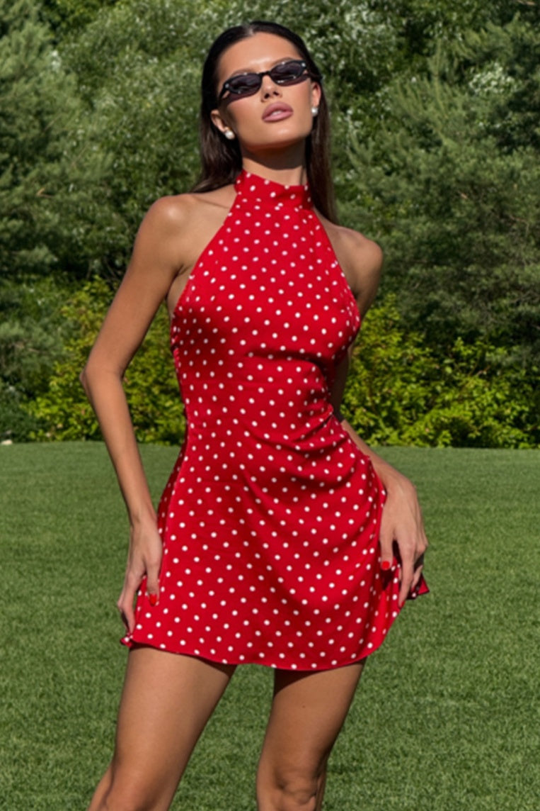 High Neck Backless Satin A-Line Mini Polka Dots Homecoming Dress