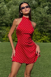 High Neck Backless Satin A-Line Mini Polka Dots Homecoming Dress