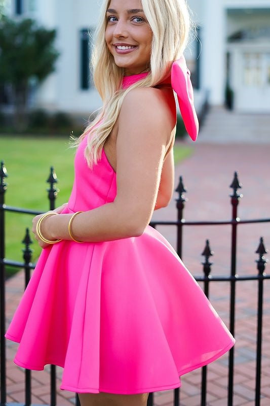 High Neck Backless Satin A-Line Short Homecoming Dress With Bow