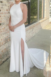 High Neck Backless Sleeveless With Slit Wedding Dress