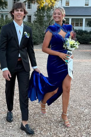 High Neck Cap Sleeves Beaded Empire Mermaid Velvet Party Prom Dress