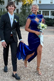 High Neck Cap Sleeves Beaded Empire Mermaid Velvet Party Prom Dress