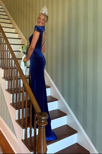 High Neck Cap Sleeves Beaded Empire Mermaid Velvet Party Prom Dress
