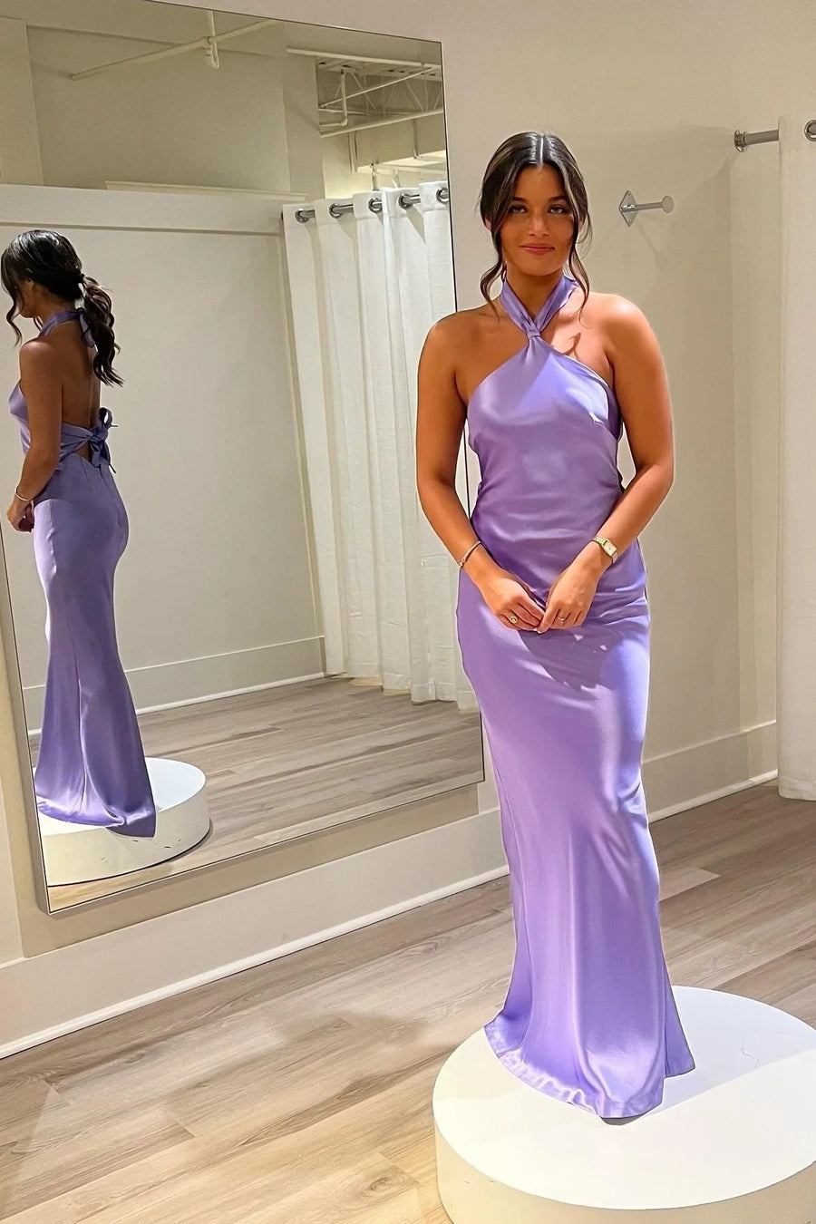 High Neck Halter Backless Satin Fitted Party Prom Dress