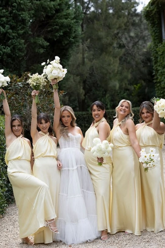 High Neck Halter Sleeveless Satin Empire Long Bridesmaid Dress