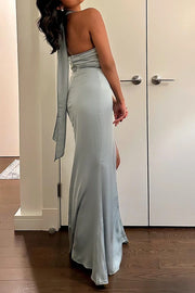 High Neck Open Back Satin Fitted Long Bridesmaid Dress