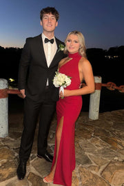 High Neck Open Back Satin Fitted Party Prom Dress With Side Slit 