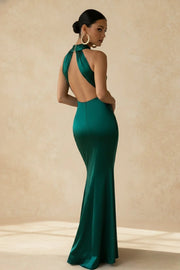 High Neck Open Back Satin Mermaid Empire Long Party Prom Dress