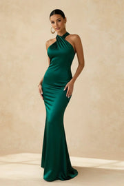 High Neck Open Back Satin Mermaid Empire Long Party Prom Dress