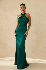 High Neck Open Back Satin Mermaid Empire Long Party Prom Dress