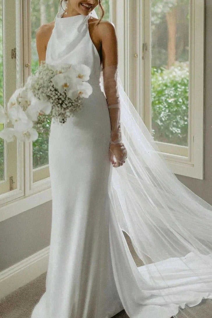 High Neck Open Back Sleeveless Satin Long Wedding Dress Ivory / US 16