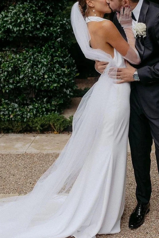 High Neck Open Back Sleeveless Satin Long Wedding Dress Ivory / US 16