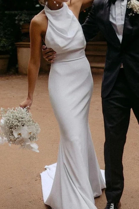 High Neck Open Back Sleeveless Satin Long Wedding Dress White / US 8