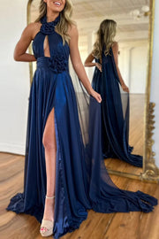 High Neck Sleeveless A-Line Party Prom Dress With Slit