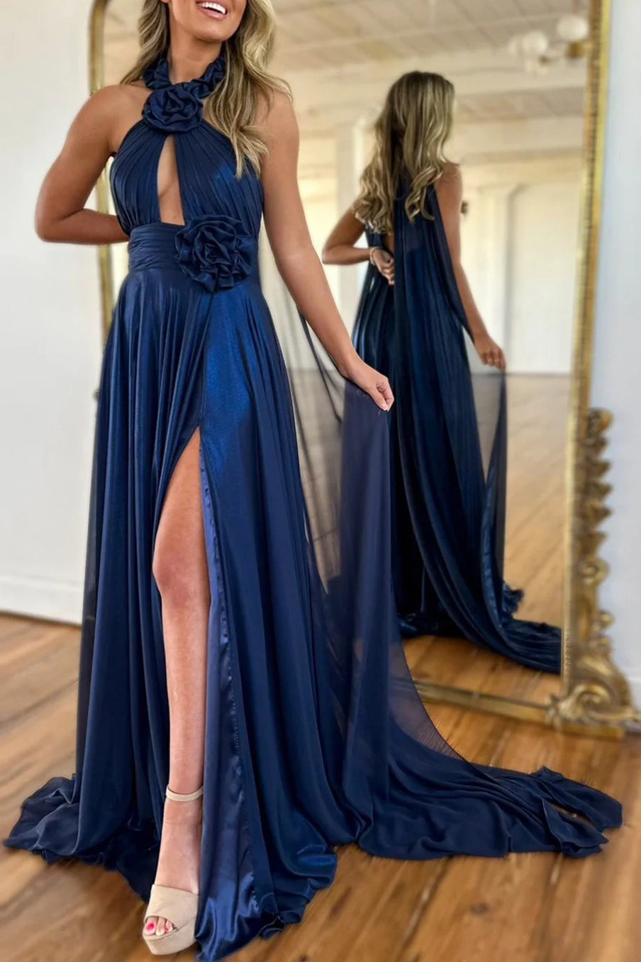 High Neck Sleeveless A-Line Party Prom Dress With Slit