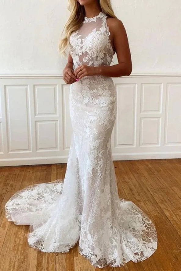 High Neck Sleeveless Backless Mermaid Lace Wedding Dress White / Custom Size High Neck Sleeveless Backless Mermaid Lace Wedding Dress White / Custom Size