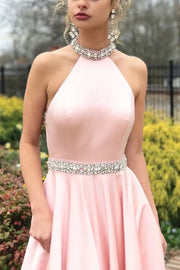 High Neck Sleeveless Beaded Satin A-Line Long Prom Dress