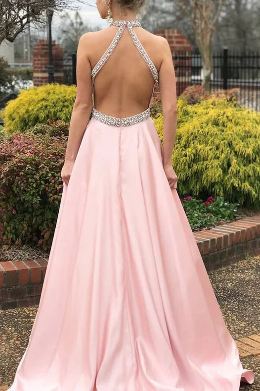 High Neck Sleeveless Beaded Satin A-Line Long Prom Dress