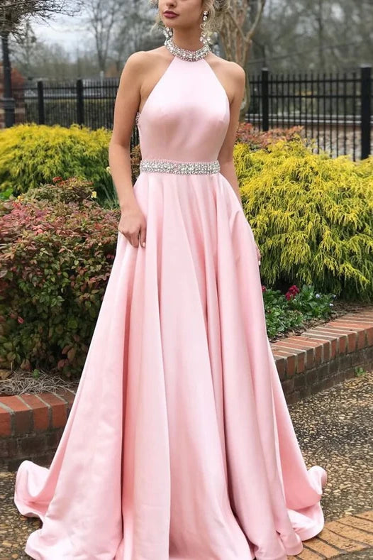 High Neck Sleeveless Beaded Satin A-Line Long Prom Dress