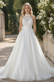 High Neck Sleeveless Lace And Satin Empire A-Line Wedding Dress