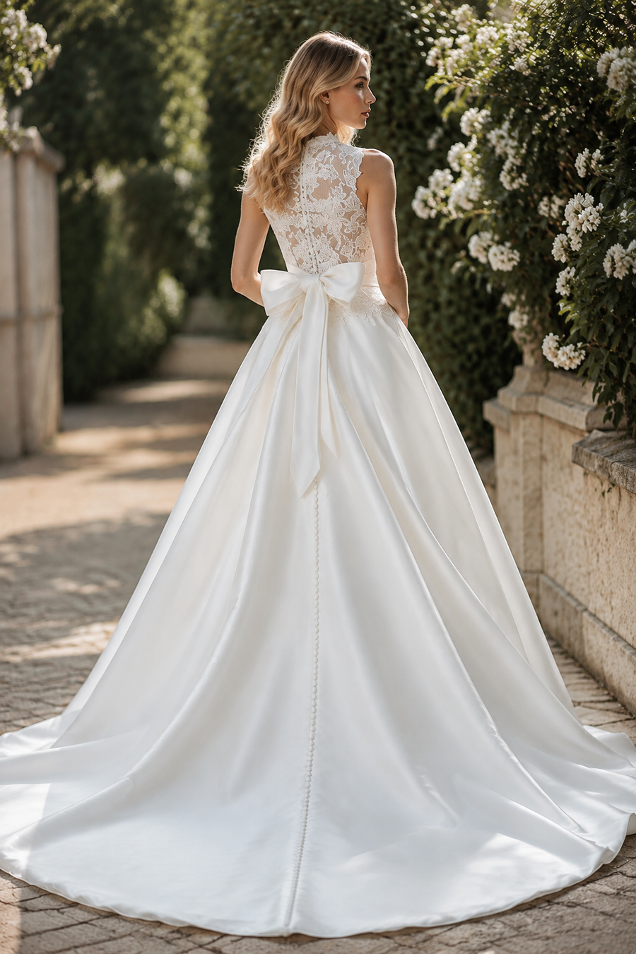 High Neck Sleeveless Lace And Satin Empire A-Line Wedding Dress