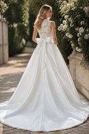 High Neck Sleeveless Lace And Satin Empire A-Line Wedding Dress