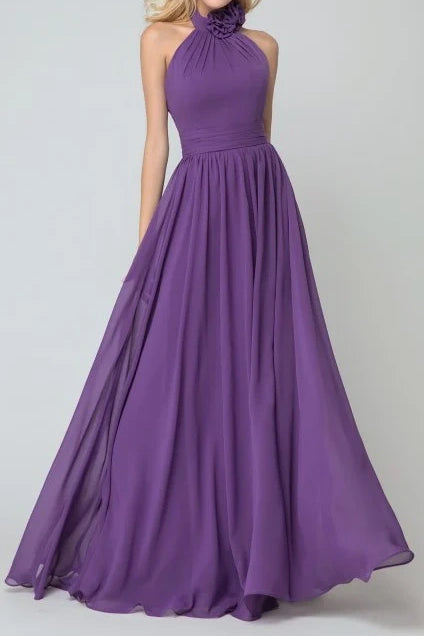 High Neck Sleeveless Open Back A-Line Bridesmaid Dress