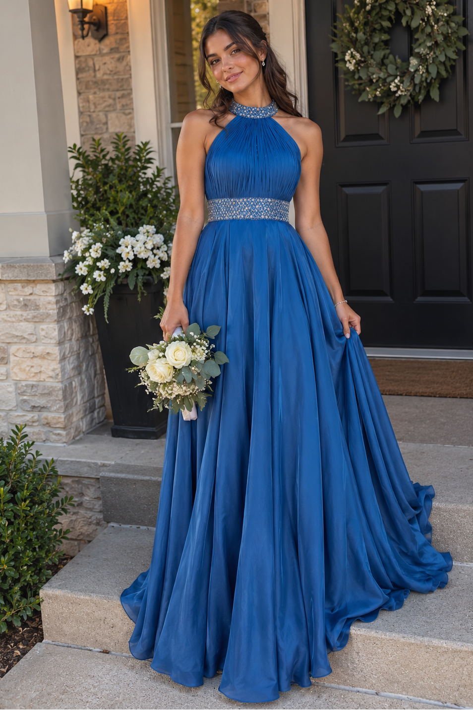 High Neck Sleeveless Open Back Chiffon A-Line Beaded Party Prom Dress
