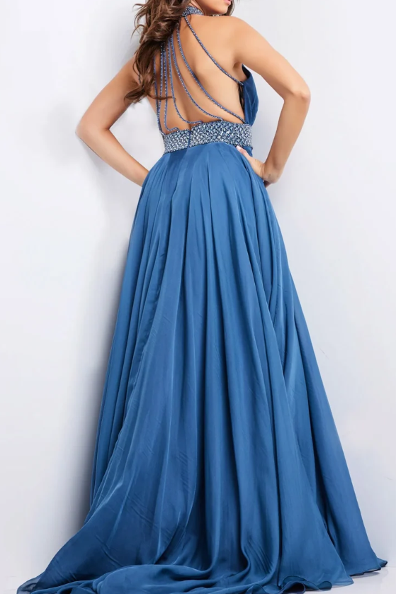 High Neck Sleeveless Open Back Chiffon A-Line Beaded Party Prom Dress