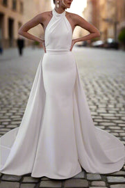 High Neck Sleeveless Open Back Detachable Train Wedding Dress