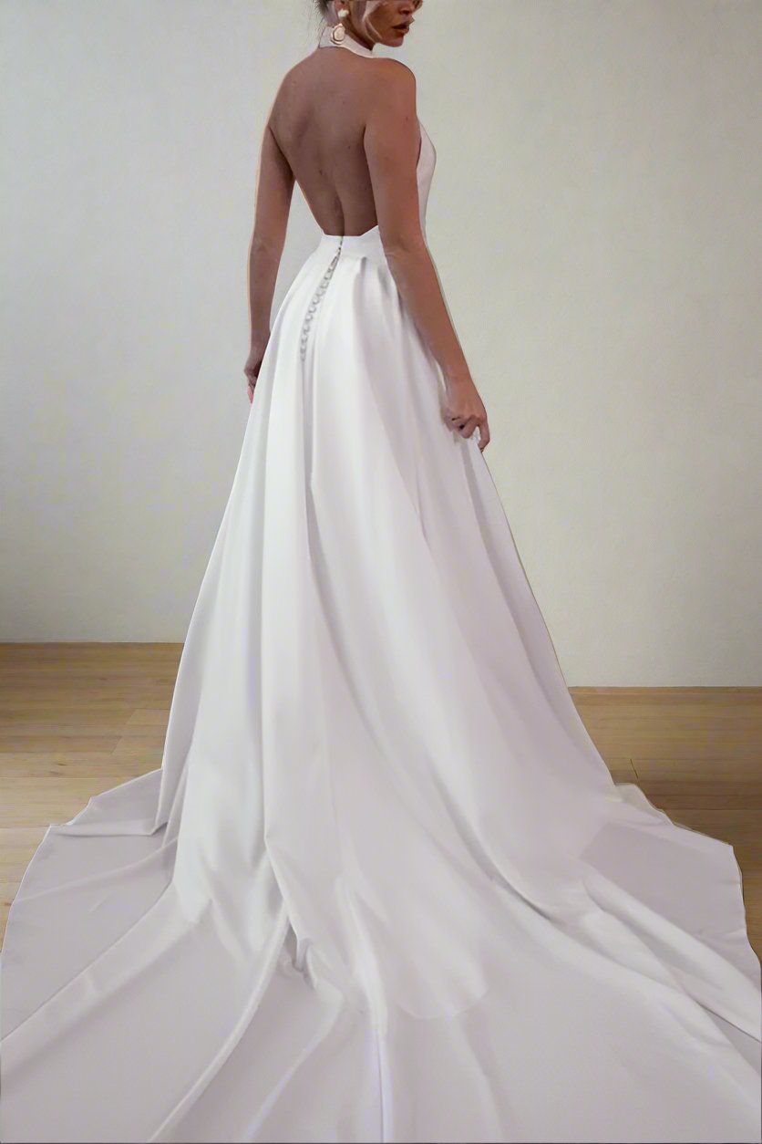 High Neck Sleeveless Open Back Detachable Train Wedding Dress