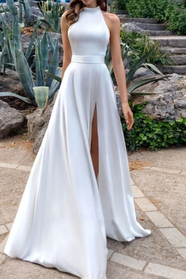 High Neck Sleeveless Open Back Satin A-Line Wedding Dress With Slit