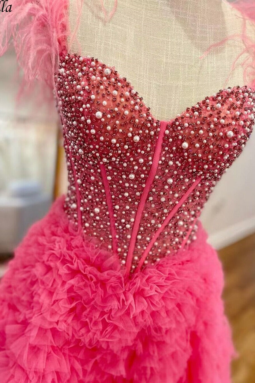 hot pink feather prom dress Crystals Illusion Pink Turkey Feather Trumpet Handmade Prom Dress