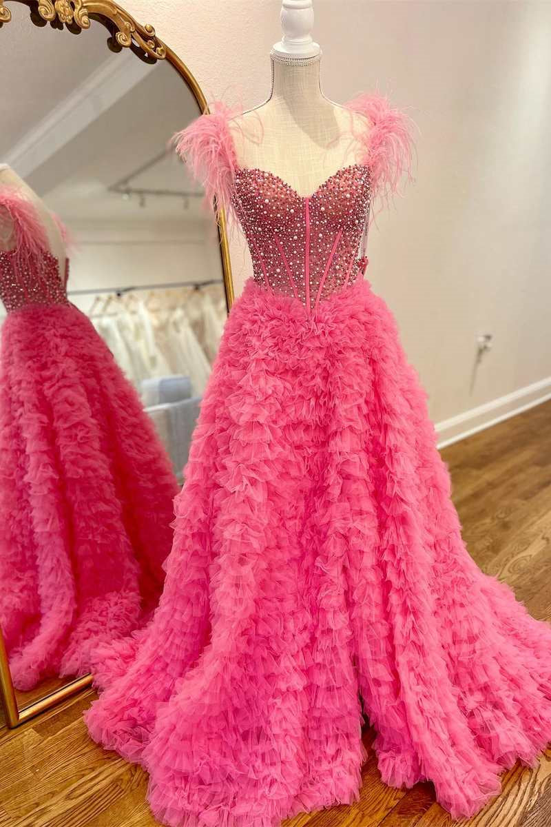 Pink Off-the-Shoulder Feathers Beaded A-line Ruffles Long Prom Dress with Slit