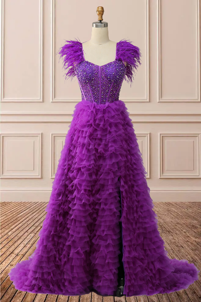 Pink Off-the-Shoulder Feathers Beaded A-line Ruffles Long Prom Dress with Slit Purple / US 6 Pink Off-the-Shoulder Feathers Beaded A-line Ruffles Long Prom Dress with Slit Purple / US 6