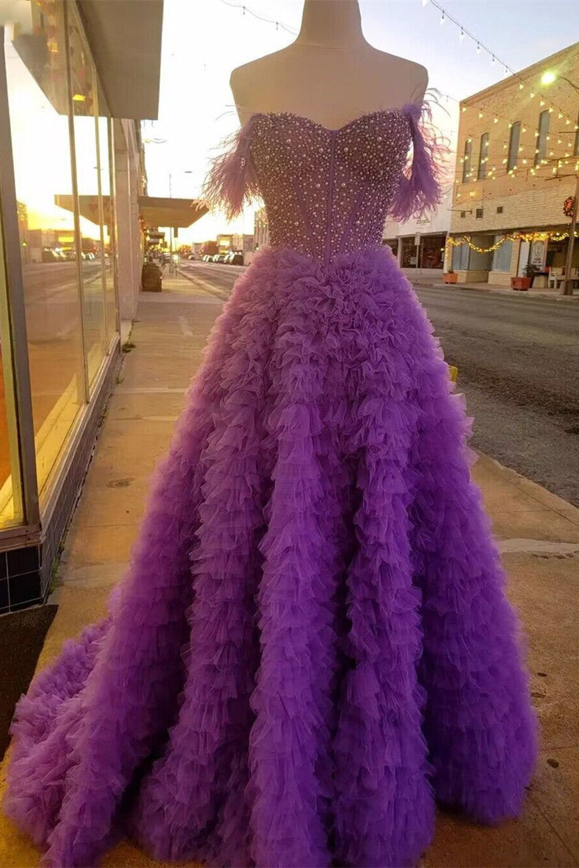 Pink Off-the-Shoulder Feathers Beaded A-line Ruffles Long Prom Dress with Slit Purple / US 6 Pink Off-the-Shoulder Feathers Beaded A-line Ruffles Long Prom Dress with Slit Purple / US 6