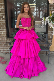 Hot Pink A-Line Empire Sleeveless Tiered Party Prom Dress