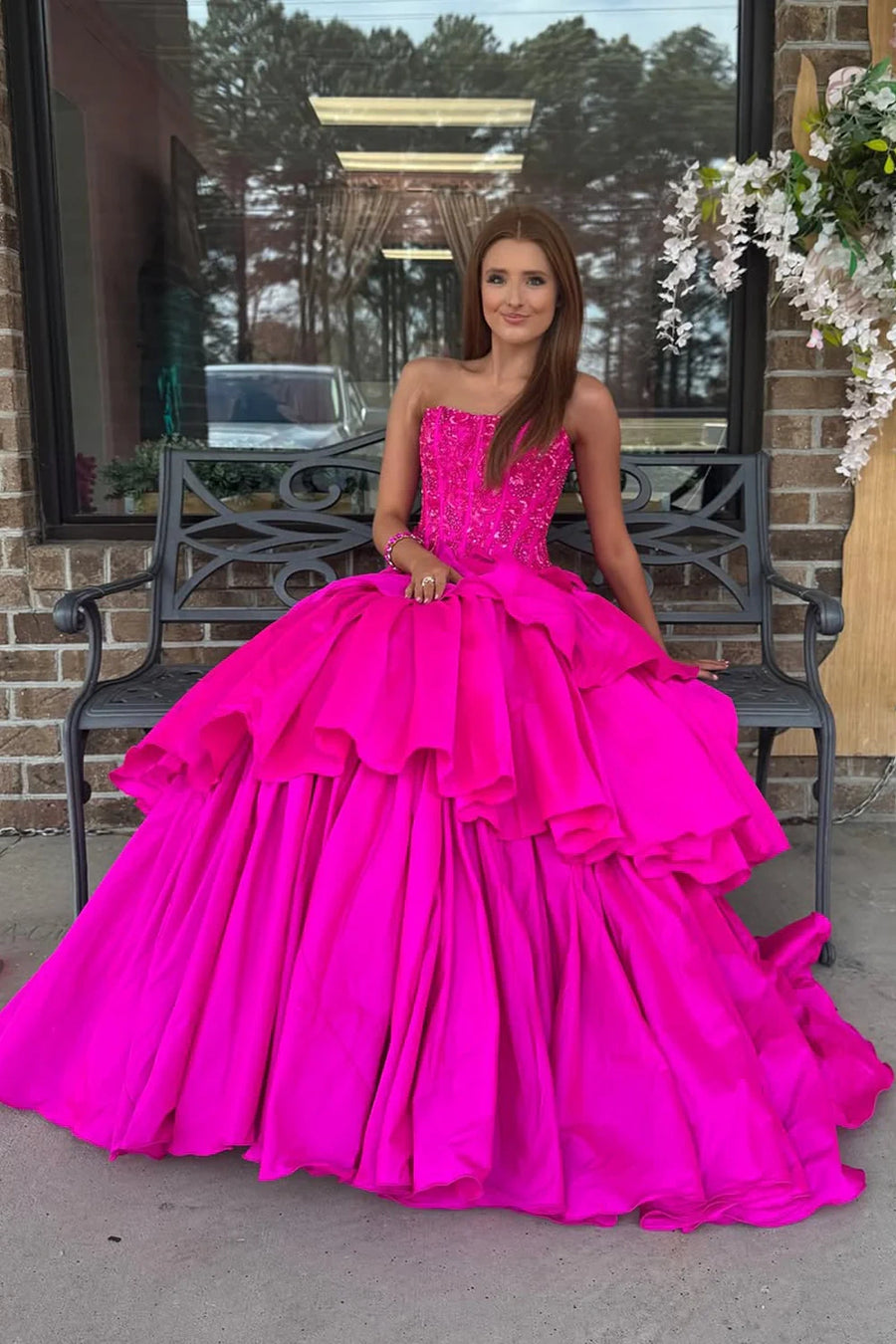 Hot Pink A-Line Empire Sleeveless Tiered Party Prom Dress