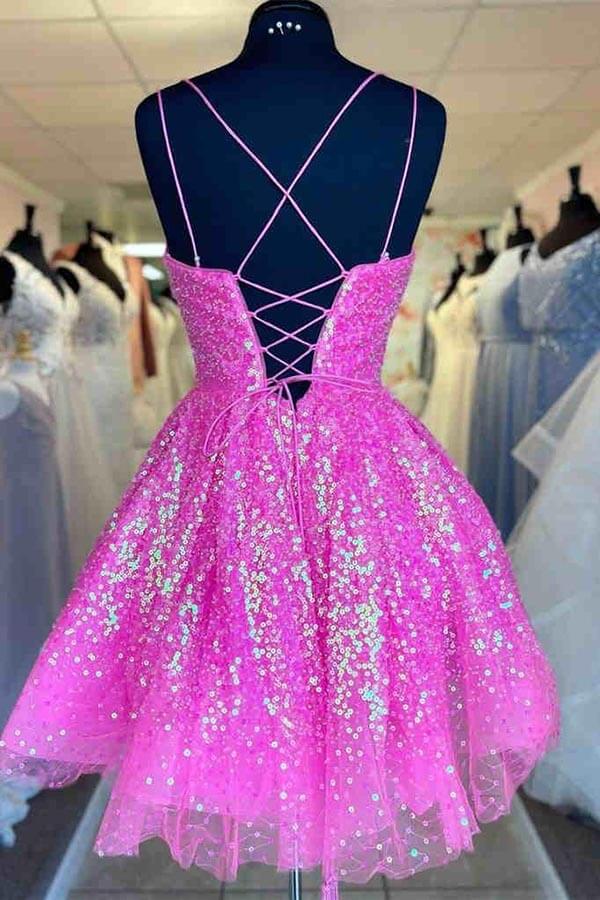 Hot Pink Bateau Sleeveless Empire Sequins Homecoming Dress