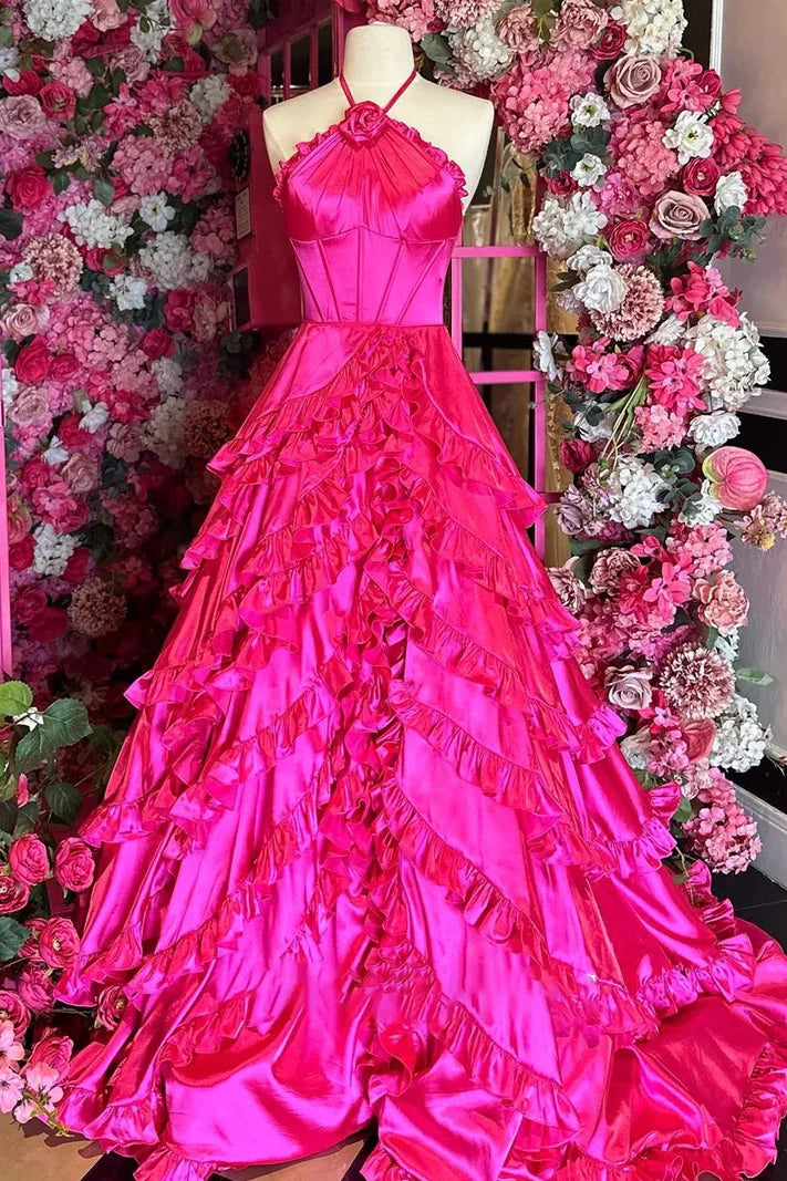 Hot Pink Halter Sleeveless Tiered Satin A-Line Party Prom Dress