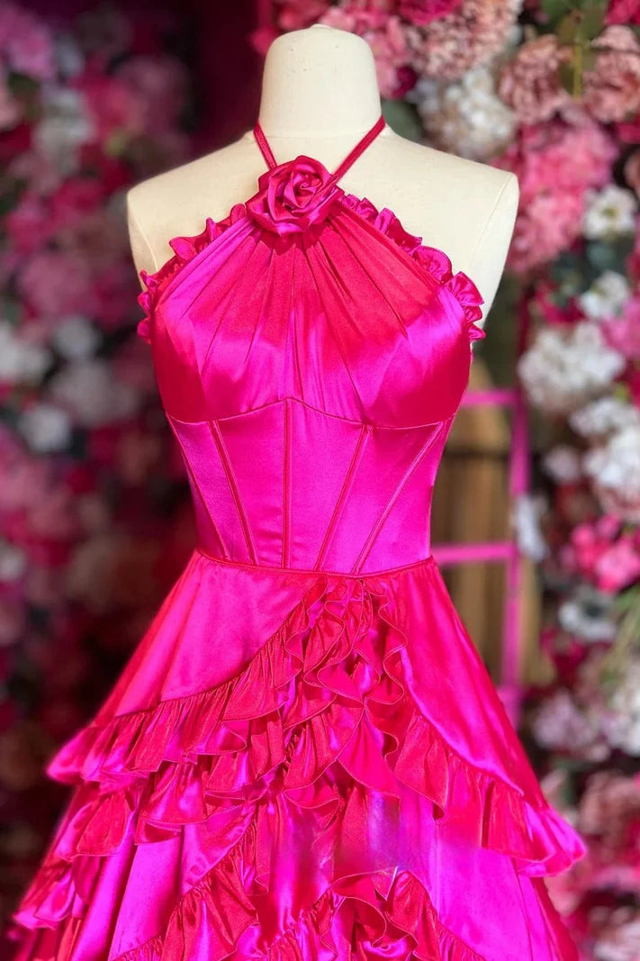 Hot Pink Halter Sleeveless Tiered Satin A-Line Party Prom Dress