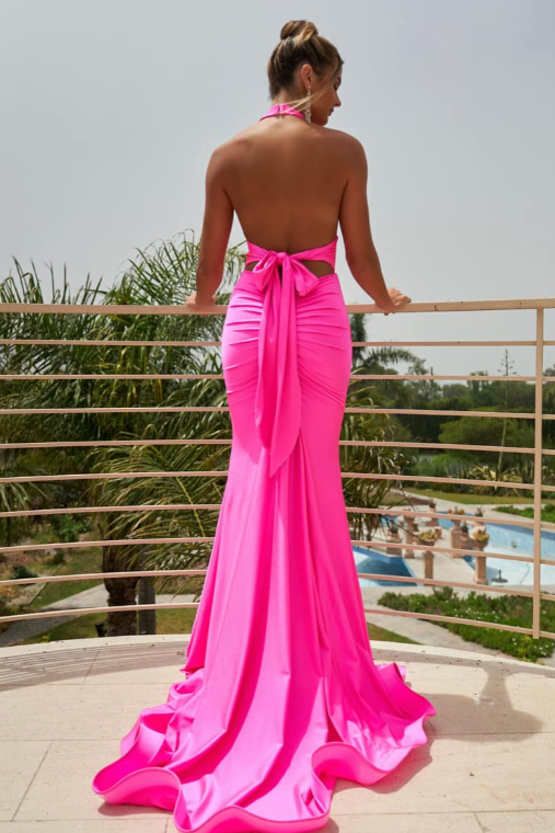 Hot Pink Low V-Neck Backless Mermaid Party Prom Dress