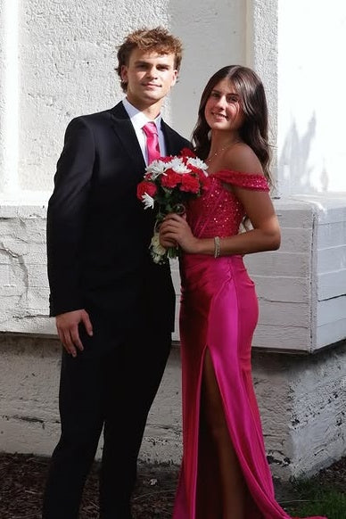 Hot Pink Off-Shoulder Lace And Satin Mermaid Party Prom Dress