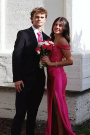 Hot Pink Off-Shoulder Lace And Satin Mermaid Party Prom Dress