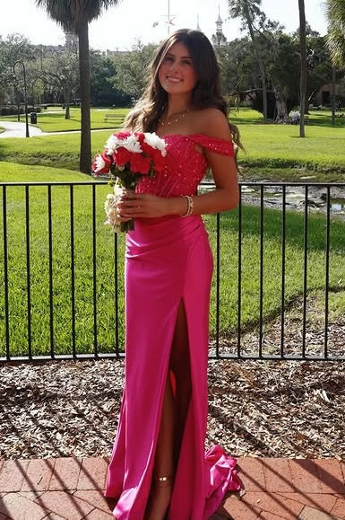 Hot Pink Off-Shoulder Lace And Satin Mermaid Party Prom Dress
