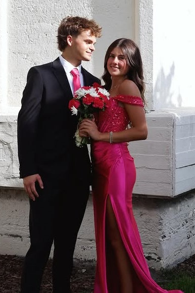 Hot Pink Off-Shoulder Lace And Satin Mermaid Party Prom Dress