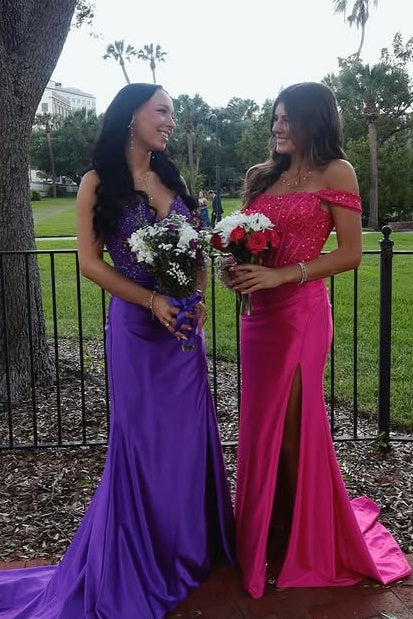 Hot Pink Off-Shoulder Lace And Satin Mermaid Party Prom Dress