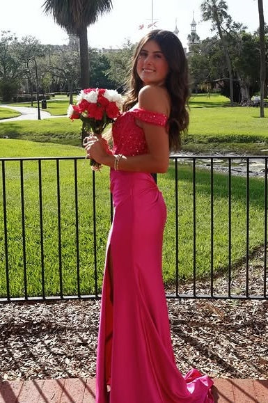Hot Pink Off-Shoulder Lace And Satin Mermaid Party Prom Dress