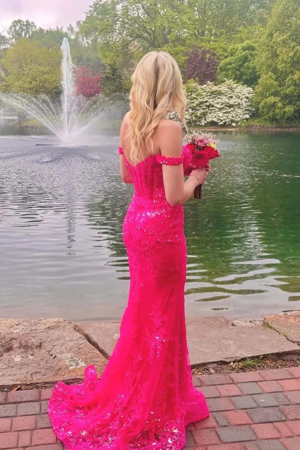 Hot Pink Off-Shoulder Mermaid Fully Lace Party Prom Dress