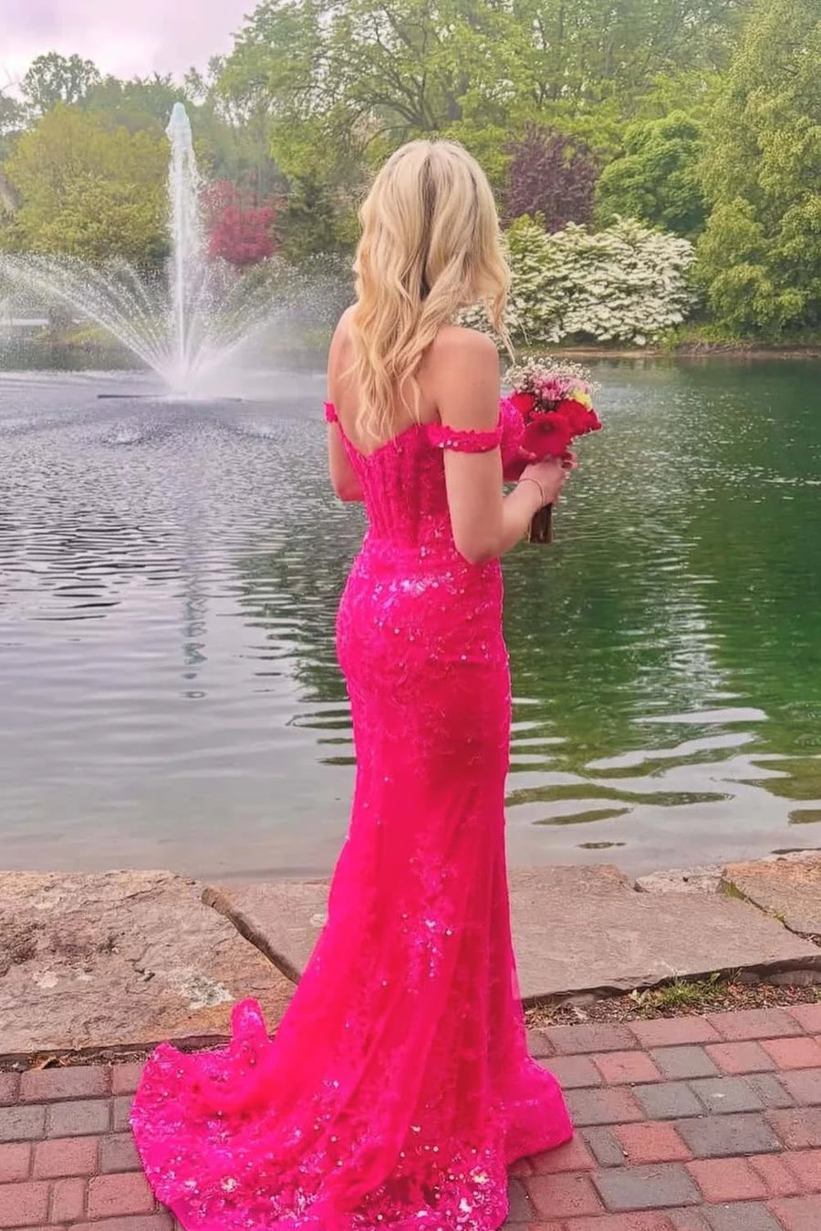 Hot Pink Off-Shoulder Mermaid Fully Lace Party Prom Dress 